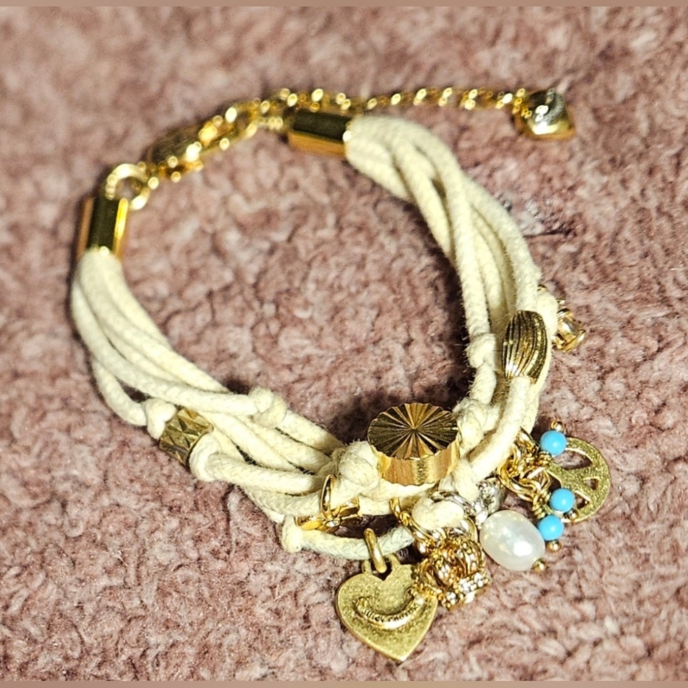 Juicy Couture Y2K White Multi Cord Rope Gold Charm Bracelet Pearl Turquoise